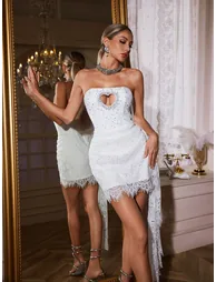 Lilika Strapless Heart Crystal Lace Draped Dress In White - 2