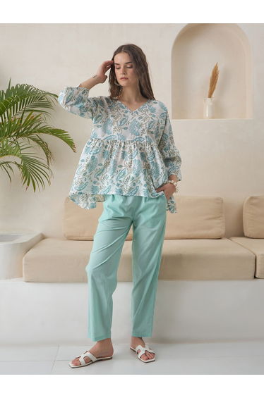 Printed Pure Cotton V-Neck Top and Pants Co-Ords