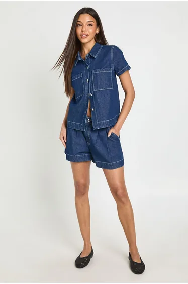 Button Down Pocket Denim Shirt - mid wash