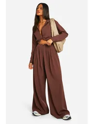 Woven Low Rise Extreme Wide Leg Pleated Trouser - chocolate