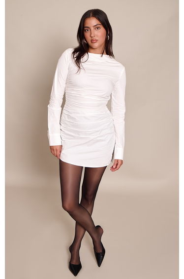 White Cotton Poplin Ruched Long Sleeve Shirt Dress