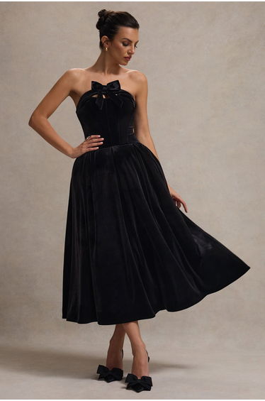 Hepburn | Black Velvet Bandeau Midaxi Dress With Bow