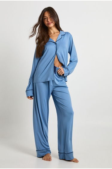 Jersey Piping Detail Long Sleeve Shirt & Trouser Pyjama Set - dusty blue