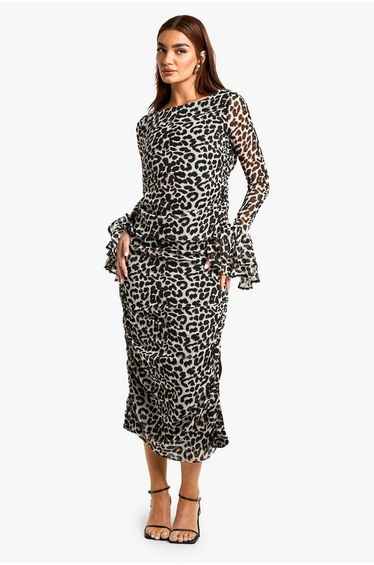 Leopard Chiffon Ruffle Midaxi Dress