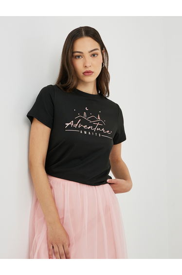 Slogan Print Round Neck Short Sleeve T-Shirt