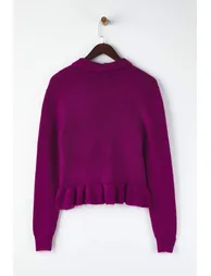 Plum Crop V-Neck Soft Textured Flounce Knitwear Cardigan - 1