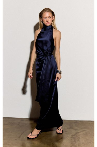 Navy Satin Tie Knot Drape Detail Maxi Dress