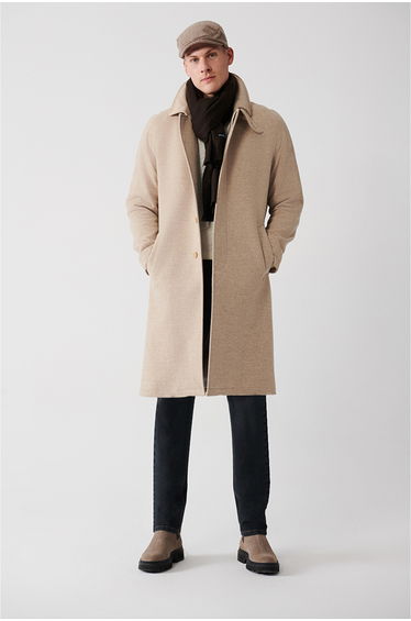 Men's Beige Wool Hidden Placket Raglan Sleeve Long Cashmere Coat