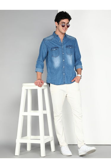 Men Blue Denim Double Pocket Shirt