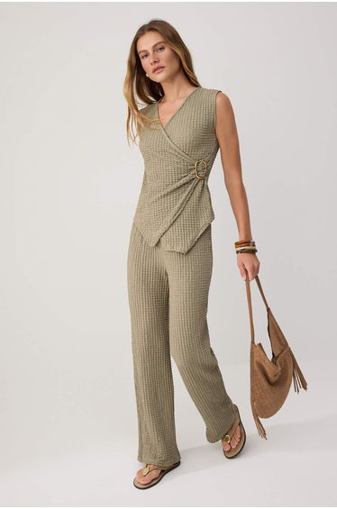 Dark Green Double-Breasted Suit with Accessory Detail, Textured and Flexible Knitted Bottom - Top Set
