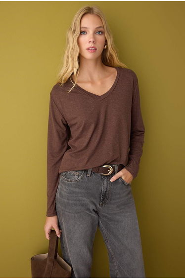 Brown V-Neck Flowy Flexible Knitted Blouse