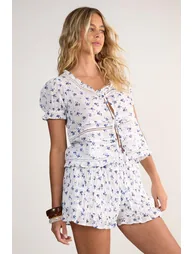 Cotton Voile Ditsy Lace Pleated Trim Tie Front Top - 2