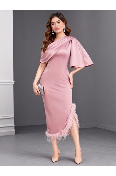 Pink One Shoulder Cape Sleeve Midi Dress with Feather Hem