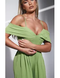 Sage Green Corset Detail Draped Extreme Wide Leg Jumpsuit - 3