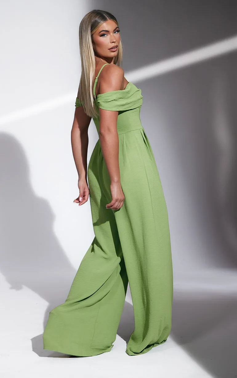 Sage Green Corset Detail Draped Extreme Wide Leg Jumpsuit - 1