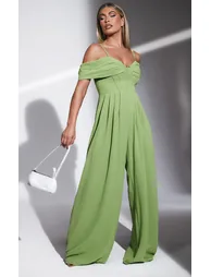 Sage Green Corset Detail Draped Extreme Wide Leg Jumpsuit - 2