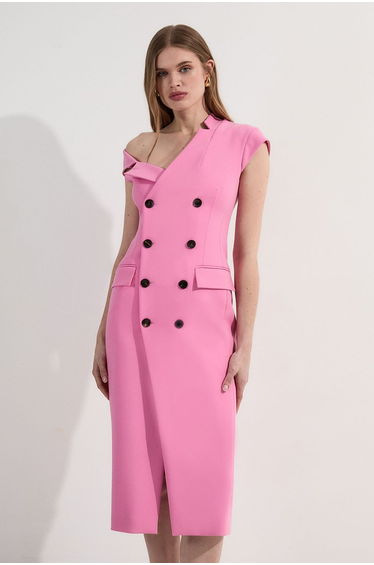 Petite Compact Stretch Asymmetric Collar Tailored Pencil Maxi Dress
