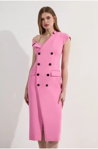 Petite Compact Stretch Asymmetric Collar Tailored Pencil Maxi Dress