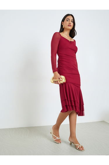 Red Long Sleeves Layered Hem Midi Dress