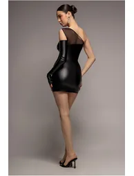City Goddess One Shoulder Faux Leather Mini Dress - Black - 2