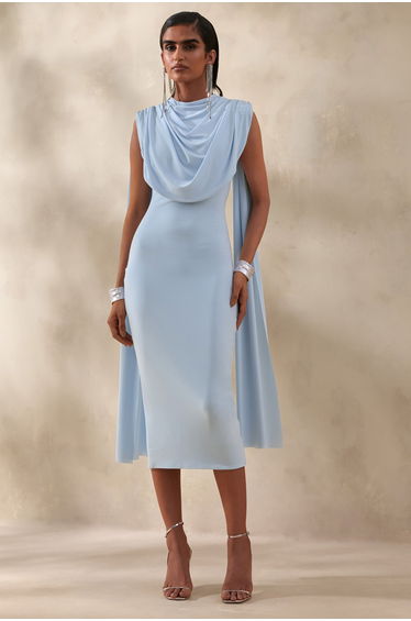 Lysandria | Powder Blue High-Neck Midi Dress With Draped-Detailing