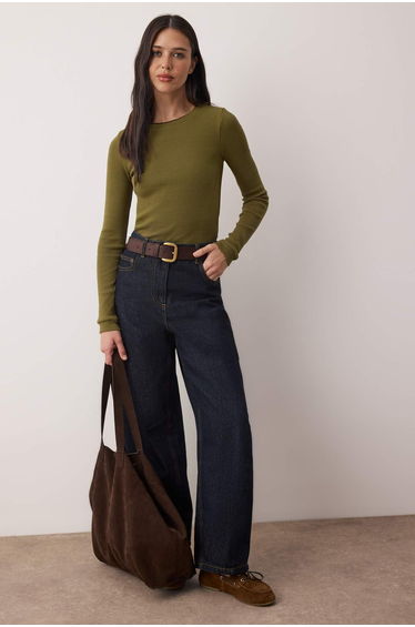 Olive green double layer crew neck ribbed stretch knit top