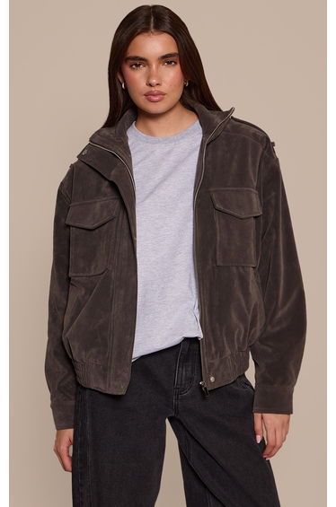 Dark Grey Funnel Neck Pocket Detail Faux Suede Bomber