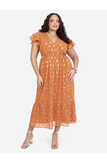Lovedrobe Orange V Neck & Flutter Sleeve Metallic Detail Midi Dress