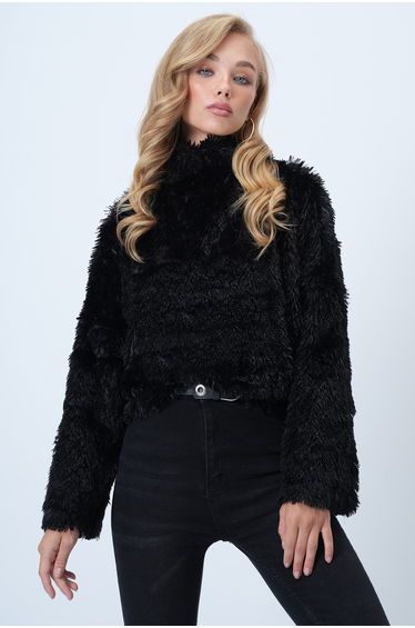 Women's Black Mock Neck Furry Plush Blouse