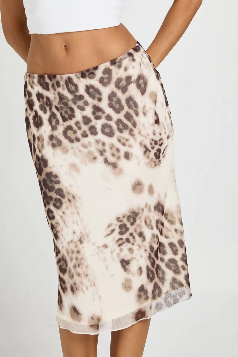 Chiffon Sheer Leopard Midi Skirt - stone - 3