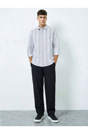 Men Grey Relaxed Fit Cotton Striped Shirt