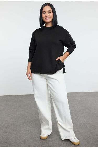 Black Snap Detail Regular/Normal Pattern Crew Neck Knitted Sweatshirt