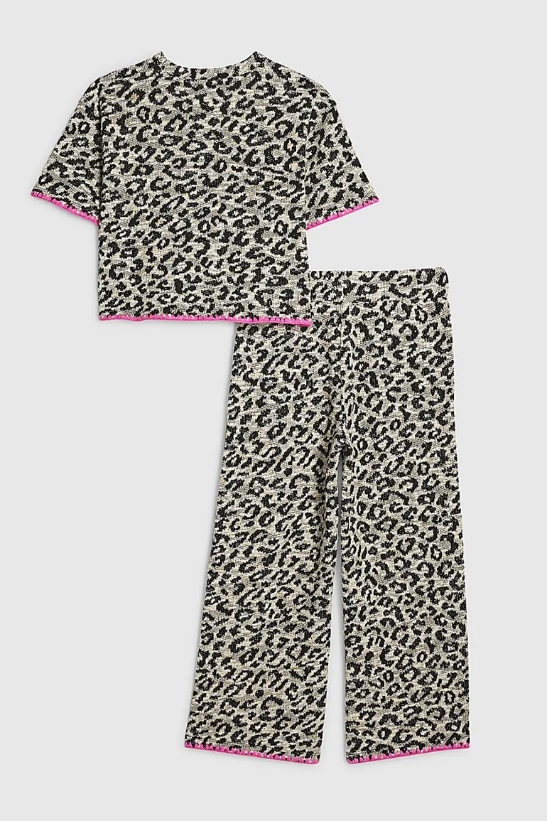 Girls Beige Leopard Whipstitch T-shirt Set - 1