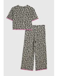 Girls Beige Leopard Whipstitch T-shirt Set - 1