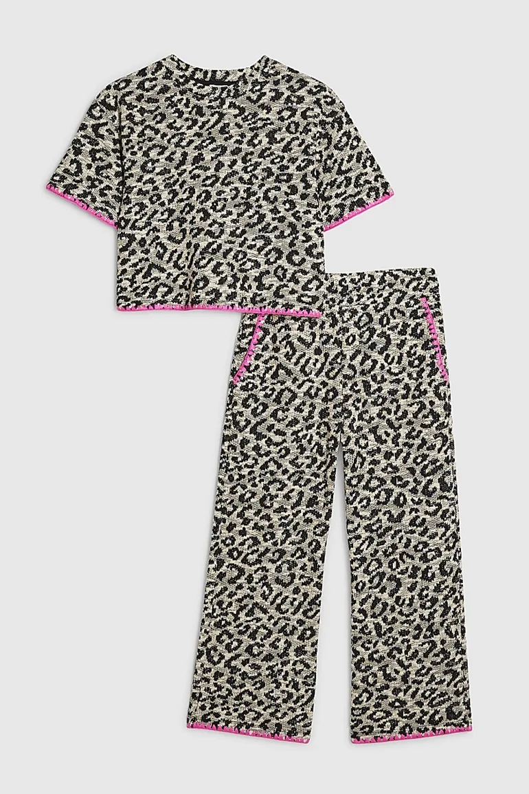 Girls Beige Leopard Whipstitch T-shirt Set