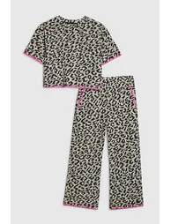 Girls Beige Leopard Whipstitch T-shirt Set