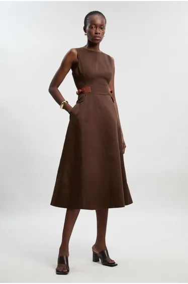 Tailored Linen Tab Waist Detail Full Skirt Midi Dress