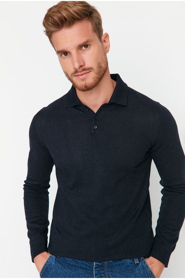 Navy Blue Slim Fit Polo Neck Buttoned Smart Knitwear Sweater