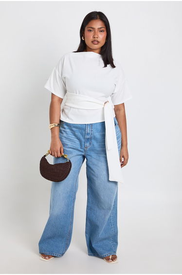 Plus Crepe Grown On Neck Gold Trim Belt Detail Short Sleeve Top - white