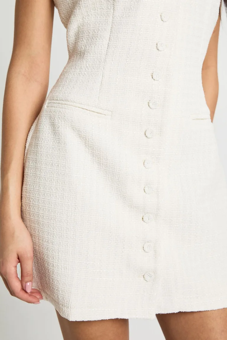 Button Front Boucle Tailored Mini Dress - white - 3