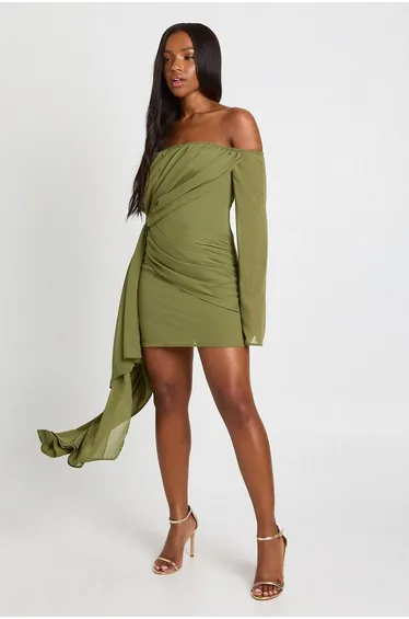 Chiffon Bardot Ruched Mini Dress - olive