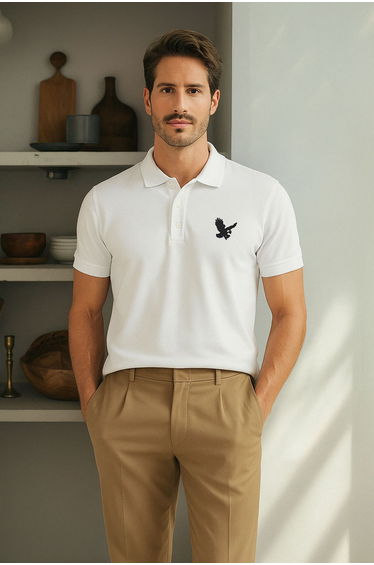 White Regular Cut Embroidery Detail Polo Neck T-shirt