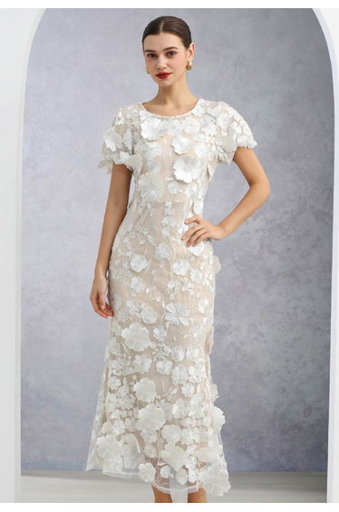 3D Floral Applique Mesh Tulle Mermaid Maxi Dress in White