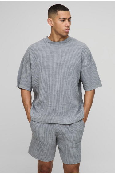 Boxy Fit Ribbed Knitted T-Shirt and Shorts Set - grey