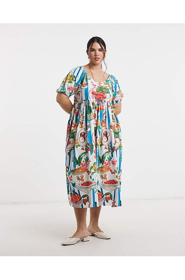 Fruit Print Cotton Midi Dress