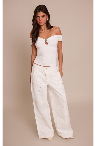 White Relaxed Low Waist Hotfix Wide Leg Denim Jeans