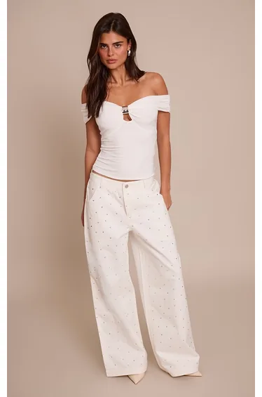 بنطلون دينيم جينز بأرجل عريضة بأحجار لاصقة - أبيض