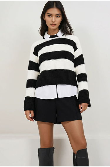 Women's Black White Crew Neck Color Block Thick Knitwear Sweater