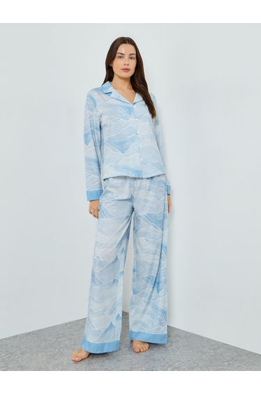 Ethereal Print Contrast Cuff Shirt and Pyjama Set