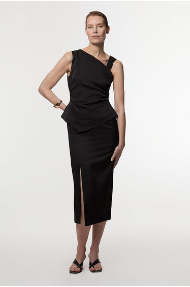 Premium Viscose Linen Asymmetric Neck Tailored Pencil Maxi Dress